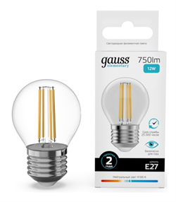 Лампа Gauss Filament Elementary Шар 12W 750lm 4100К Е27 LED 1/10/100 52222 - фото 146994