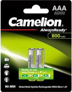 Camelion Always Ready AAA- 800mAh Ni-Mh BL-2 (NH- AAA800ARBP2, аккумулятор, 1,2B) 7965 - фото 162848