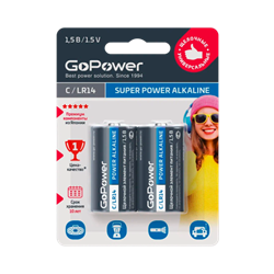 Батарейка GoPower LR14 C BL2 Alkaline 1.5V (2/12/192)(блистер 2шт) 00-00017861 - фото 168229