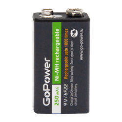 Аккумулятор бытовой GoPower Крона 6F22 BL1 NI-MH 9V 250mAh (1/25/100)(блистер 1шт) 00-00017020 - фото 168232