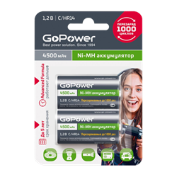 Аккумулятор бытовой GoPower HR14 C BL2 NI-MH 4500mAh (2/12/96) (блистер 2шт) 00-00018322 - фото 168238
