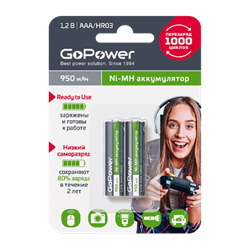Аккумулятор предзаряженный RTU GoPower HR03 AAA BL2 NI-MH 950mAh (2/20/320) (блистер2шт) 00-00018321 - фото 168243