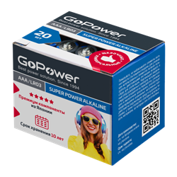 Батарейка GoPower LR03 AAA BOX20 Shrink 4 Alkaline 1.5V (4/20/640) (в упаковке 20штук) 00-00017749 - фото 168258