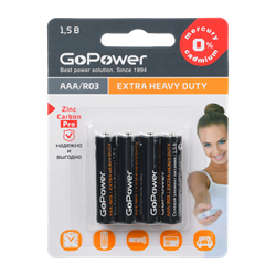 Батарейка GoPower R03 AAA BL4 Heavy Duty 1.5V (4/48/576) (блистер 4шт) 00-00015595 - фото 168264