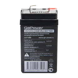 Аккумулятор свинцово-кислотный GoPower LA-430 4V 3Ah клеммы T0 (1/20) 00-00018350 - фото 168417