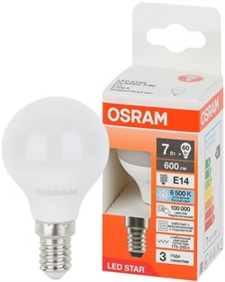 Лампа светодиодная OSRAM LED Star, 600лм, 7Вт (замена 60Вт), 6500К (холодный белый свет). Цоколь E14, колба P, угол пучка 180°. Исполнение колбы матовое, пластик. Напряжение питания 170-250В. Стабильный световой поток 170-250В; работает с выключателе 4058075696013 - фото 168768