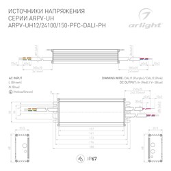 Блок питания ARPV-UH12150-PFC-DALI-PH (12V, 12.5A, 150W) (Arlight, IP67 Металл, 7 лет) 025746-1 - фото 173335