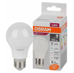 Лампа светодиодная e27 Osram LED Value A, 560 лм, 7Вт, 6500К, холодный белый свет, 1 шт 4058075578791 - фото 183372