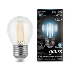 Лампа Gauss Filament Шар 7W 580lm 4100К Е27 LED 1/10/50 105802207 - фото 183481