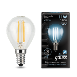 Лампа Gauss Filament Шар 11W 750lm 4100К Е14 LED 1/10/50 105801211 - фото 26438