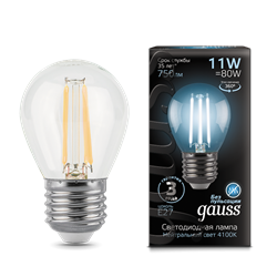 Лампа Gauss Filament Шар 11W 750lm 4100К Е27 LED 1/10/50 105802211 - фото 26441