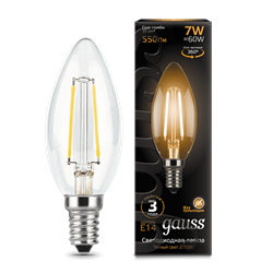 Лампа Gauss Filament Свеча 7W 550lm 2700К Е14 LED 1/10/50 103801107 - фото 26446