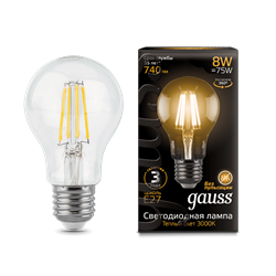 Лампа Gauss Filament А60 8W 740lm 3000К Е27 LED 1/10/40 102802108 - фото 26471