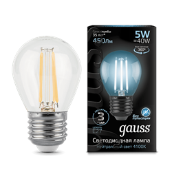 Лампа Gauss Filament Шар 5W 450lm 4100К Е27 LED 1/10/50 105802205 - фото 26488