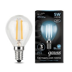 Лампа Gauss Filament Шар 5W 450lm 4100К Е14 LED 1/10/50 105801205 - фото 26491