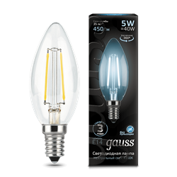 Лампа Gauss Filament Свеча 5W 450lm 4100К Е14 LED 1/10/50 103801205 - фото 26492