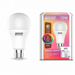 Лампа Gauss Smart Home A60 10W 1055lm 2700-6500К E27 RGBW+изм.цвет.темп.+диммирование LED 1/10/40 1180112 - фото 27779