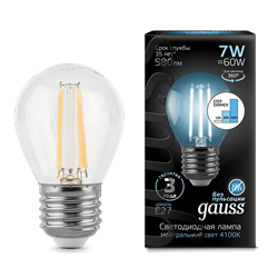 Лампа Gauss Filament Шар 7W 580lm 4100К Е27 LED 1/10/50 105802207 - фото 27884