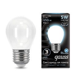 Лампа Gauss Filament Шар 5W 450lm 4100К Е27 milky LED 1/10/50 105202205 - фото 27891
