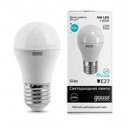 Лампа Gauss Elementary Шар 6W 450lm 4100K Е27 LED 1/10/100 53226 - фото 27921