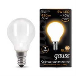 Лампа Gauss Filament Шар 5W 420lm 2700К Е14 milky LED 1/10/50 105201105 - фото 27923