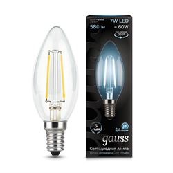 Лампа Gauss Filament Свеча 7W 580lm 4100К Е14 LED 1/10/50 103801207 - фото 27944