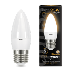 Лампа Gauss Свеча 9.5W 890lm 3000К E27 LED 1/10/100 103102110 - фото 27952