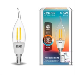 Лампа Gauss Smart Home Filament СF35 4,5W 470lm 2000-6500К E14 изм.цвет.темп.+дим. LED 1/10/40 1280112 - фото 27985