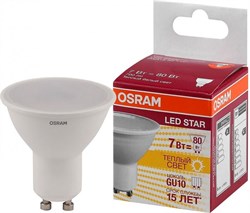 Лампа светодиодная OSRAM LED Star PAR16, 700лм, 7Вт, 3000К, теплый белый свет, Цоколь GU10, софит, матовая 4058075481497 - фото 32313
