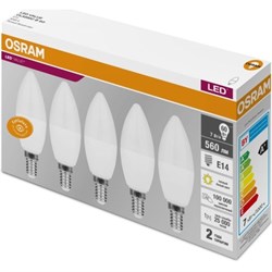 Лампочка светодиодная OSRAM LED Value B, 560лм, 6,5 Вт, 3000К (теплый белый свет), Цоколь E14, упаковка по 5шт 4058075577923 - фото 37173