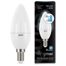 Лампа Gauss Свеча 7W 550lm 4100К E14 шаг. диммирование LED 1/10/100 103101207-S - фото 37901
