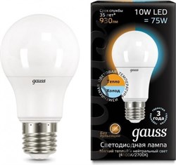 Лампа Gauss A60 10W 930lm 3000K/4100K E27 изм.цвет.темп. LED 1/10/50 102502110-T - фото 37957