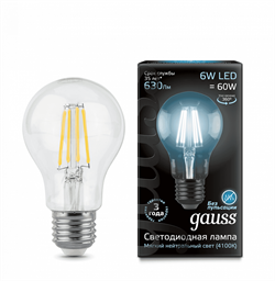 Лампа Gauss Filament А60 6W 630lm 4100К Е27 LED 1/10/40 102802206 - фото 37971