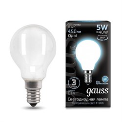 Лампа Gauss Filament Шар 5W 450lm 4100К Е14 milky LED 1/10/50 105201205 - фото 37976