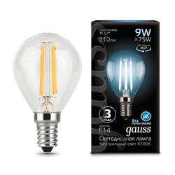 Лампа Gauss Filament Шар 9W 710lm 4100К Е14 LED 1/10/50 105801209 - фото 37979