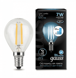 Лампа Gauss Filament Шар 7W 580lm 4100К Е14 шаг. диммирование LED 1/10/50 105801207-S - фото 37994