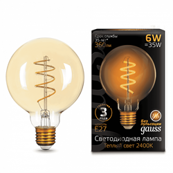 Лампа Gauss Filament G95 6W 360lm 2400К Е27 golden flexible LED 1/20 105802007 - фото 38030