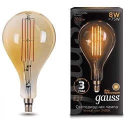 Лампа Gauss Filament А160 8W 780lm 2400К Е27 golden straight LED 1/6 149802008 - фото 38041