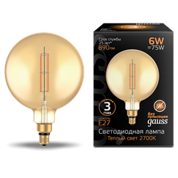 Лампа Gauss Filament G200 6W 890lm 2700К Е27 golden straight LED 1/6 154802118 - фото 38131