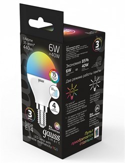 Лампа Gauss Шар 6W E14 RGBW+димирование LED 1/10/100 105101406 - фото 38139