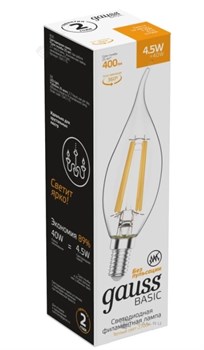 Лампа Gauss Basic Filament Свеча на ветру 4,5W 400lm 2700К Е14 LED 1/10/50 1041115 - фото 38163