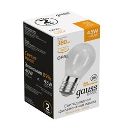 Лампа Gauss Basic Filament Шар 4,5W 380lm 2700К Е27 milky LED 1/10/50 1055215 - фото 38181