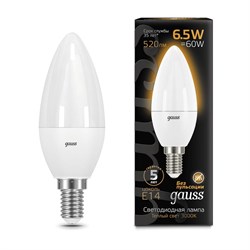 Лампа Gauss Свеча 6.5W 520lm 3000К E14 LED 1/10/100 103101107 - фото 38245