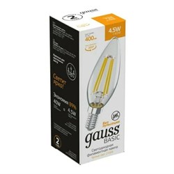 Лампа Gauss Basic Filament Свеча 4,5W 420lm 4100К Е14 LED 1/10/50 1031215 - фото 38249