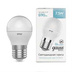Лампа Gauss Basic Шар 7,5W 690lm 4100K E27 LED 1/10/100 1053228 - фото 38253