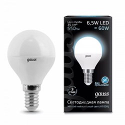 Лампа Gauss Шар 6.5W 550lm 4100K E14 LED 1/10/100 105101207 - фото 38263