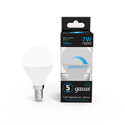 Лампа Gauss Шар 7W 590lm 6500К E14 диммируемая LED 1/10/100 105101307-D - фото 38282