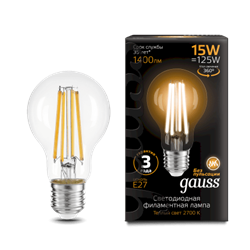 Лампа Gauss Filament А60 15W 1400lm 2700К Е27 LED 1/10/40 102902115 - фото 38292