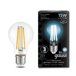 Лампа Gauss Filament А60 15W 1450lm 4100К Е27 LED 1/10/40 102902215 - фото 38293