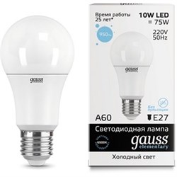 Лампа Gauss Elementary A60 10W 950lm 6500K Е27 LED 1/10/50 23230 - фото 38317